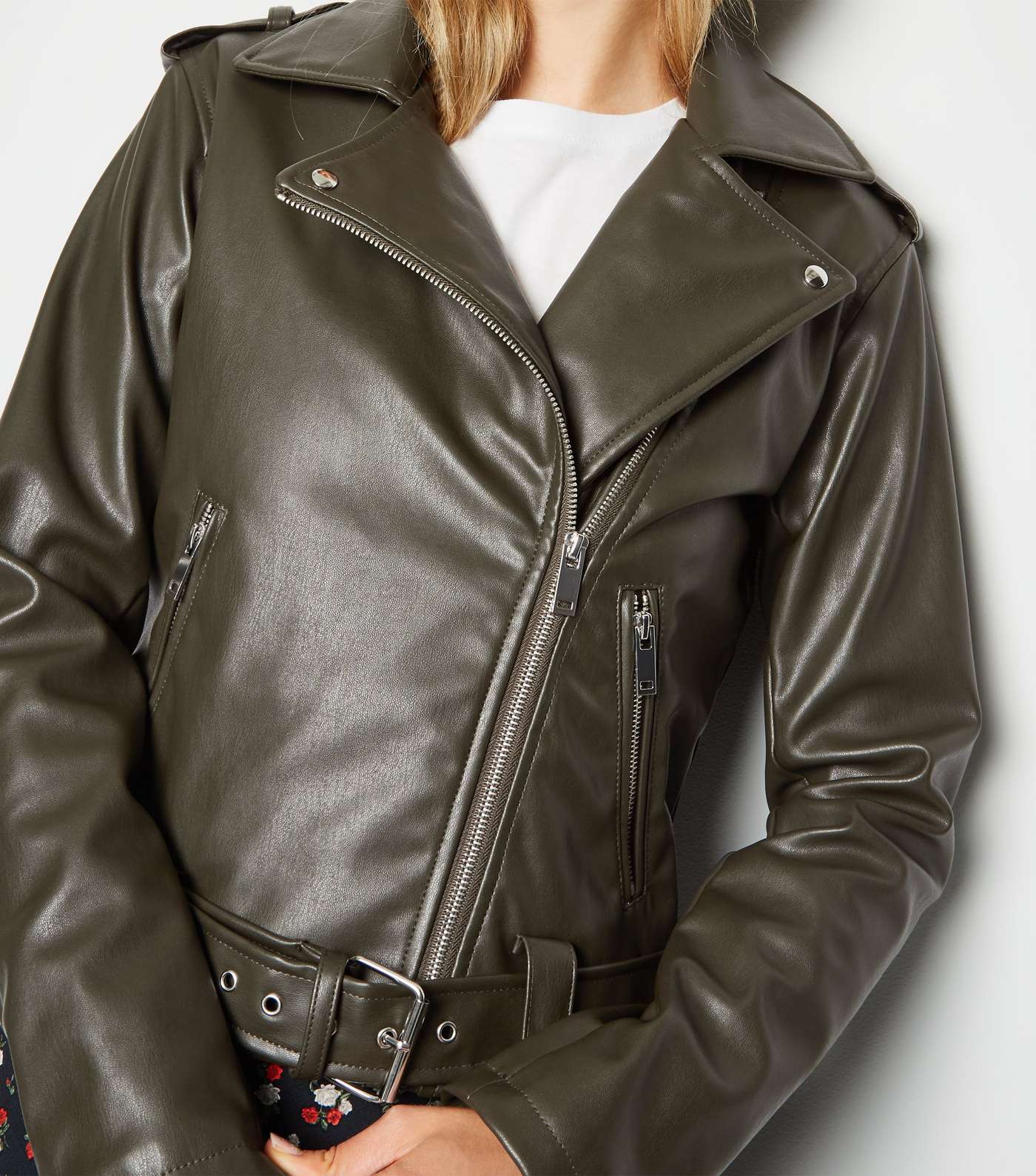 Olive Leather-Look Belted Biker Jacket Image 5