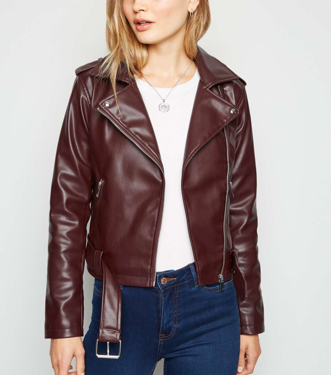 Burgundy Leather-Look Belted Biker Jacket