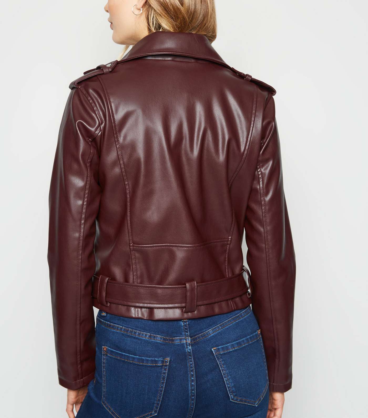 Burgundy Leather-Look Belted Biker Jacket Image 3