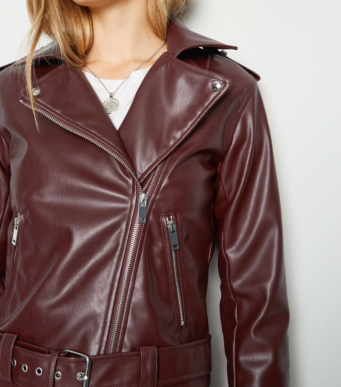 Burgundy Leather-Look Belted Biker Jacket Image 5