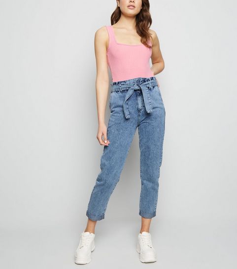 Blue Acid Wash Paperbag Denim Trousers