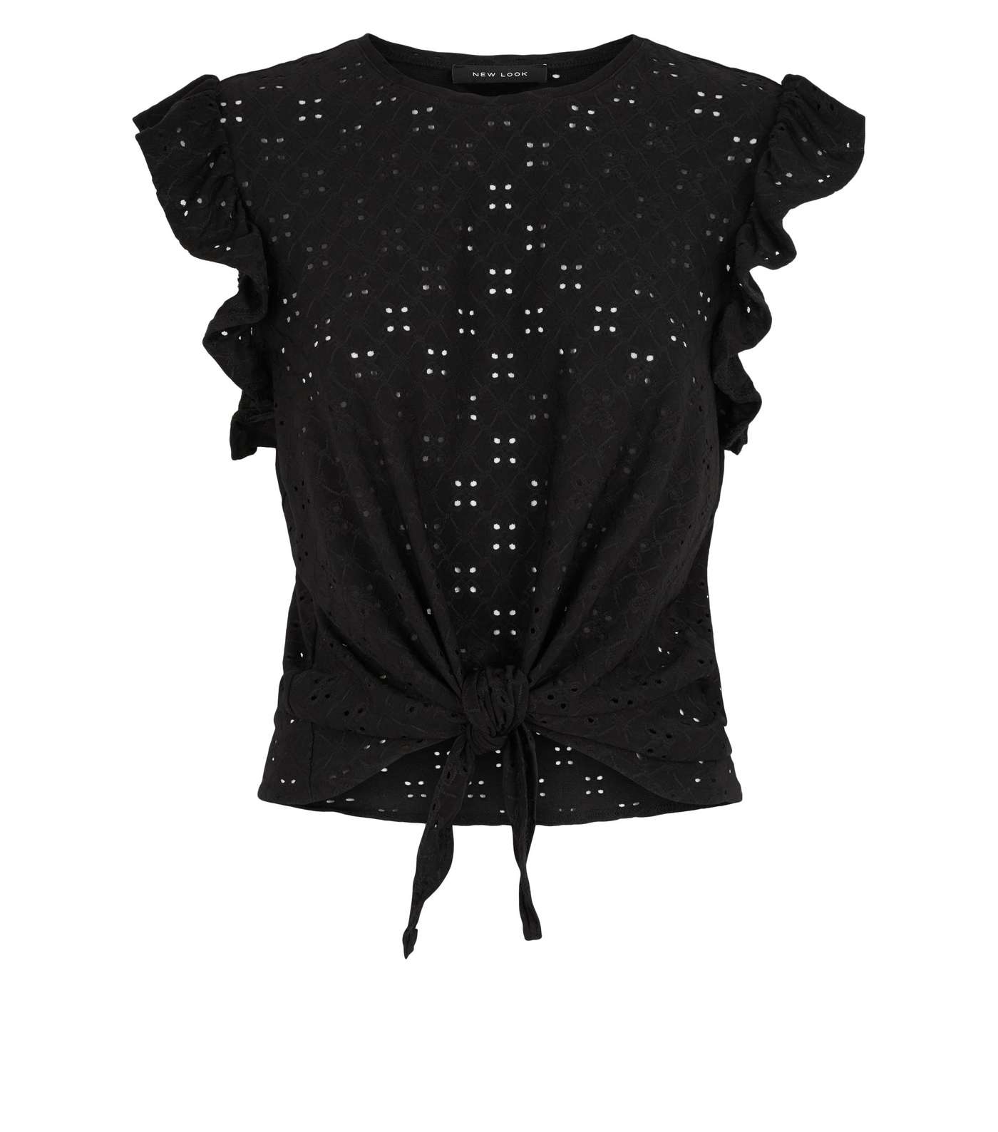 Black Broderie Frill Trim Tie Front T-Shirt Image 4
