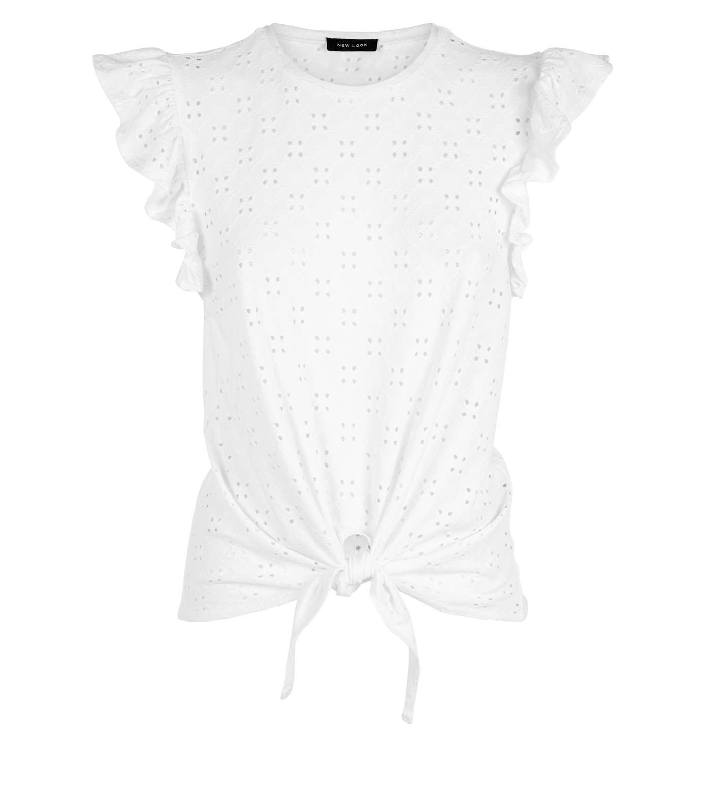 White Broderie Frill Trim Tie Front T-Shirt Image 4