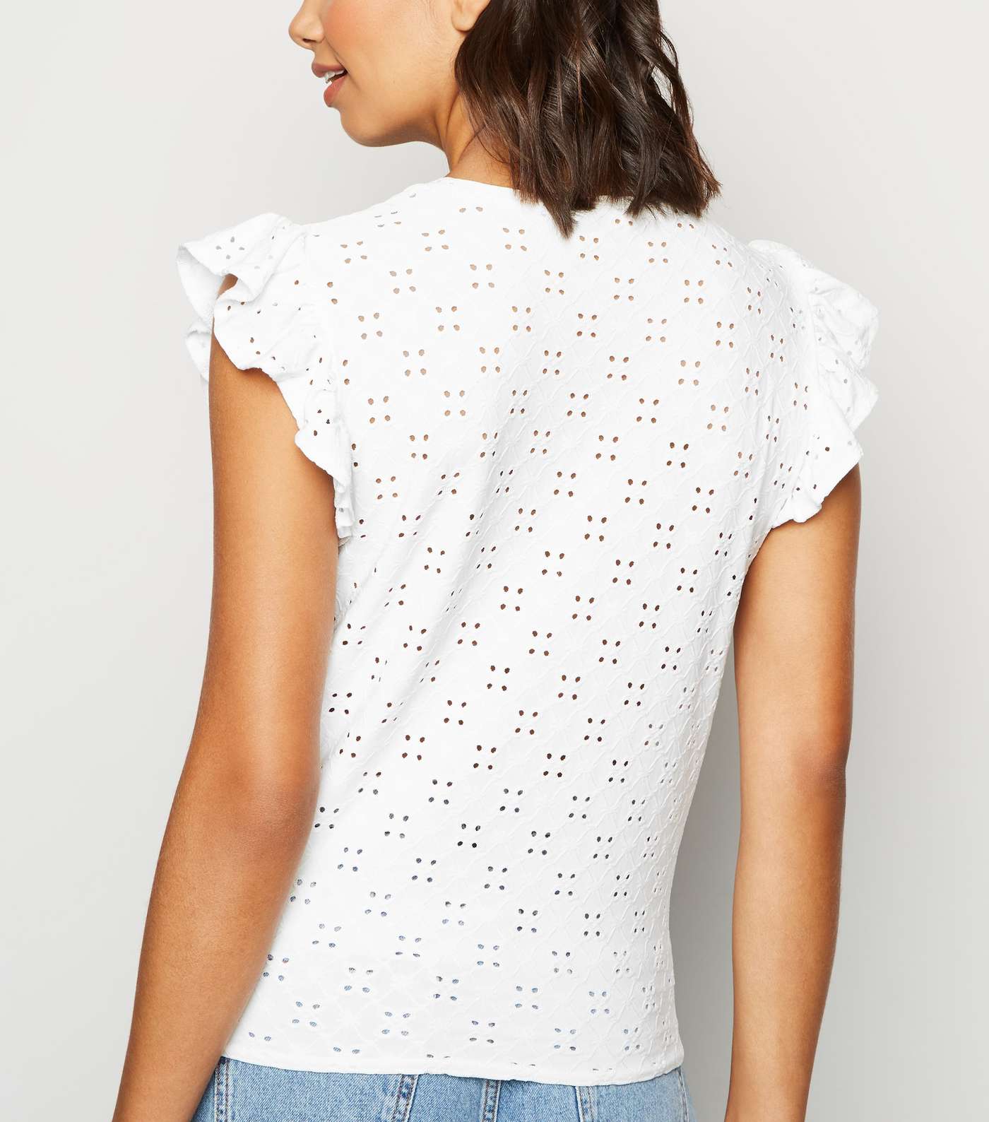 White Broderie Frill Trim Tie Front T-Shirt Image 2