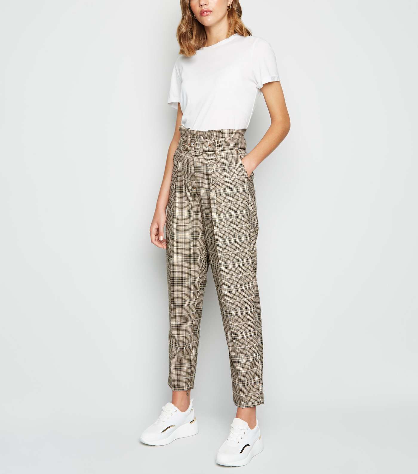 Brown Check Buckle High Waist Trousers