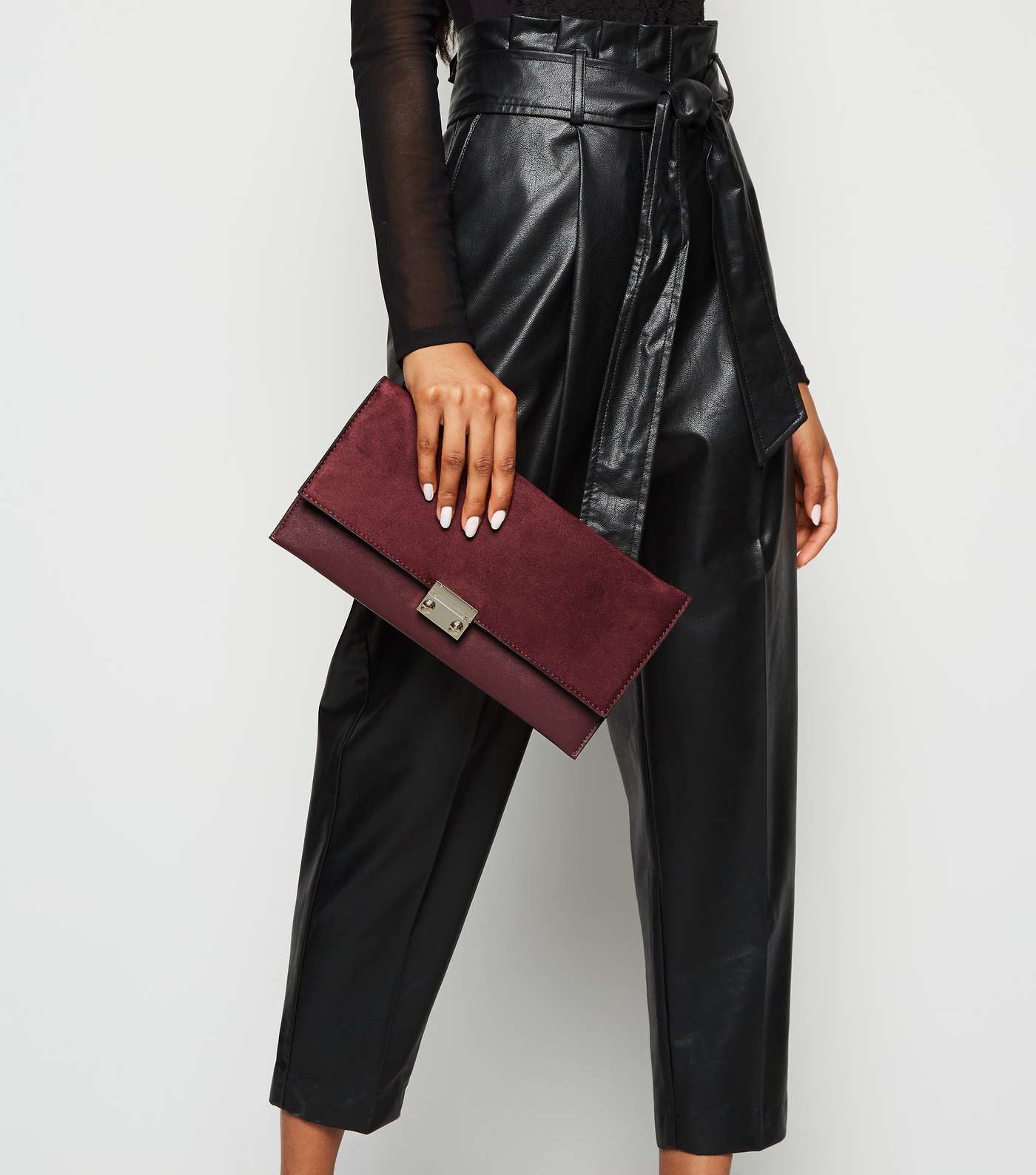 Burgundy Leather-Look Suedette Clutch Bag Image 5