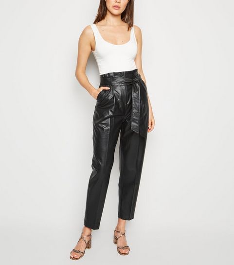 Black Leather-Look Tie Waist Paperbag Trousers