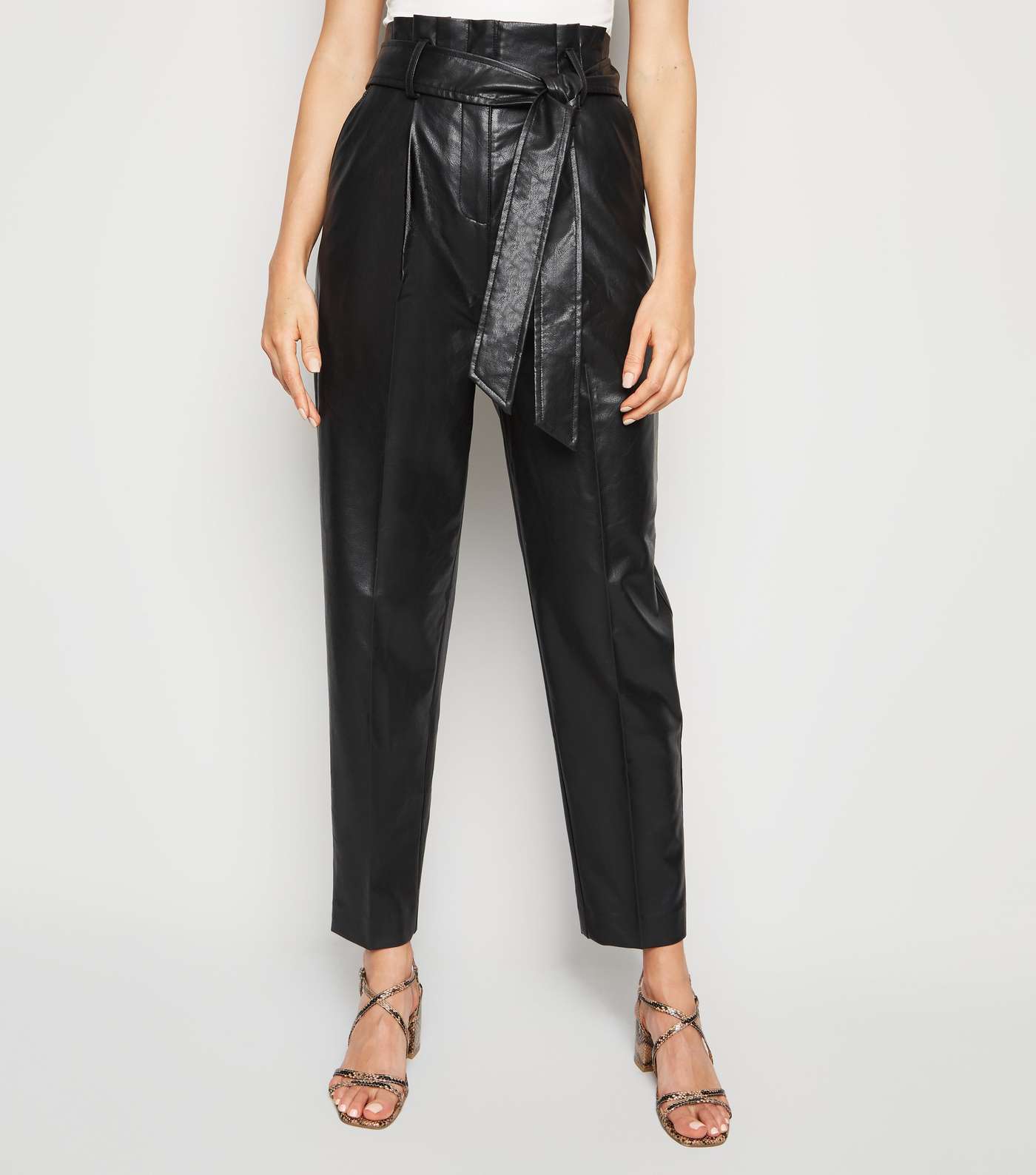 Black Leather-Look Tie High Waist Trousers Image 2