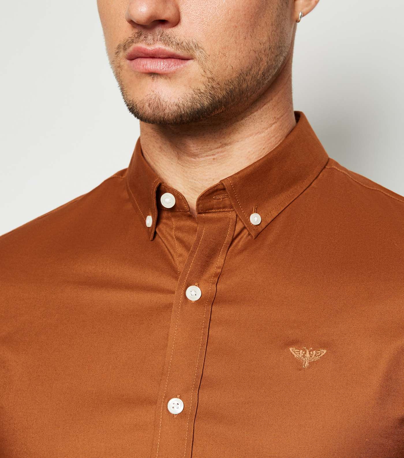 Tan Bee Embroidered Muscle Fit Oxford Shirt Image 5