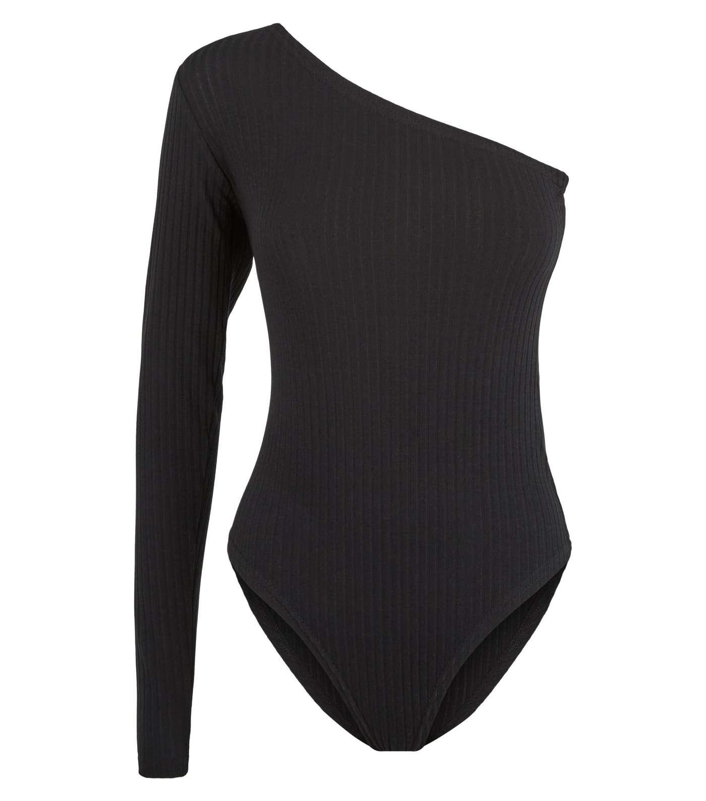 Black Ribbed One Shoulder Bodysuit Image 4