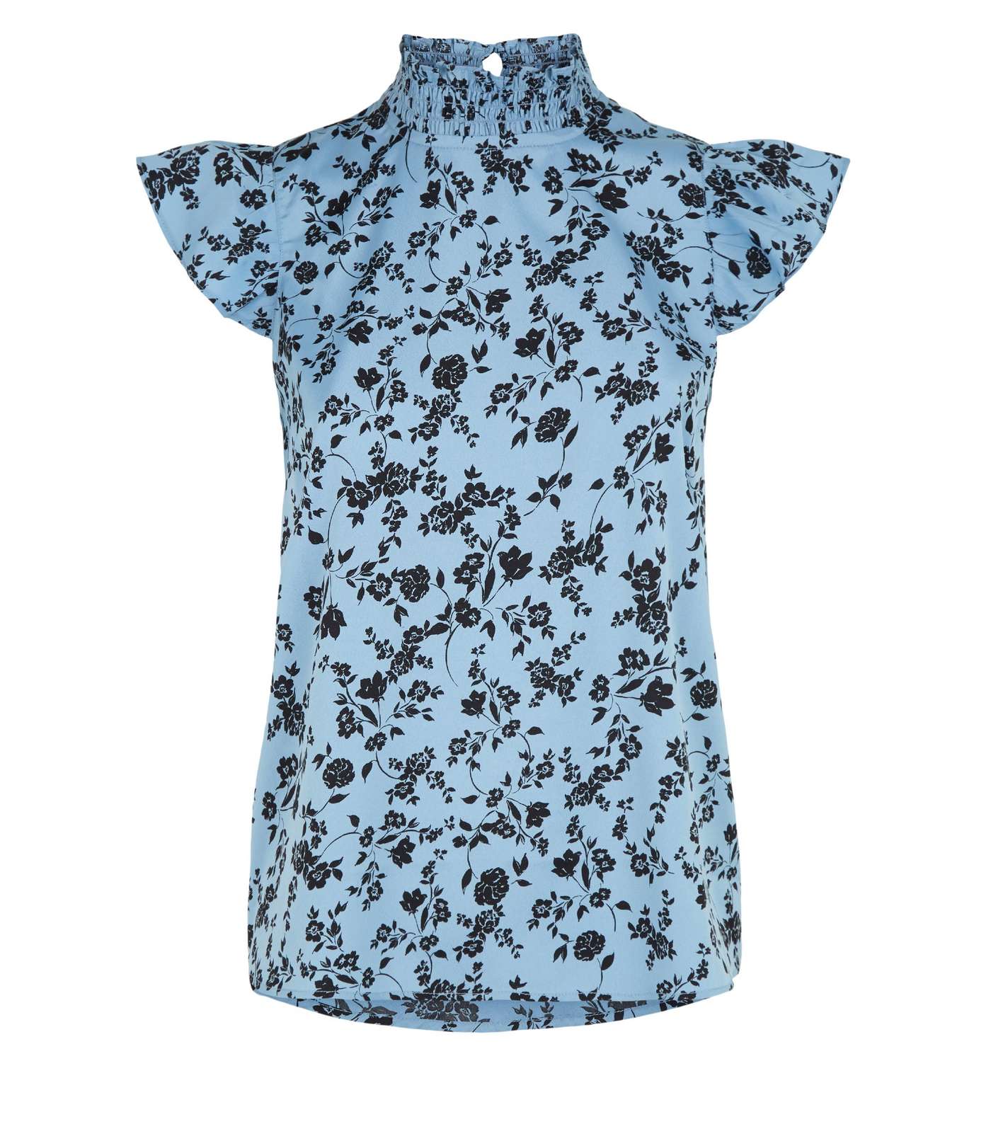 Blue Floral Shirred Neck Frill Blouse Image 4