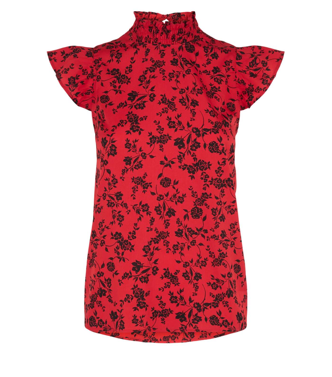 Red Floral Shirred Neck Frill Blouse Image 4