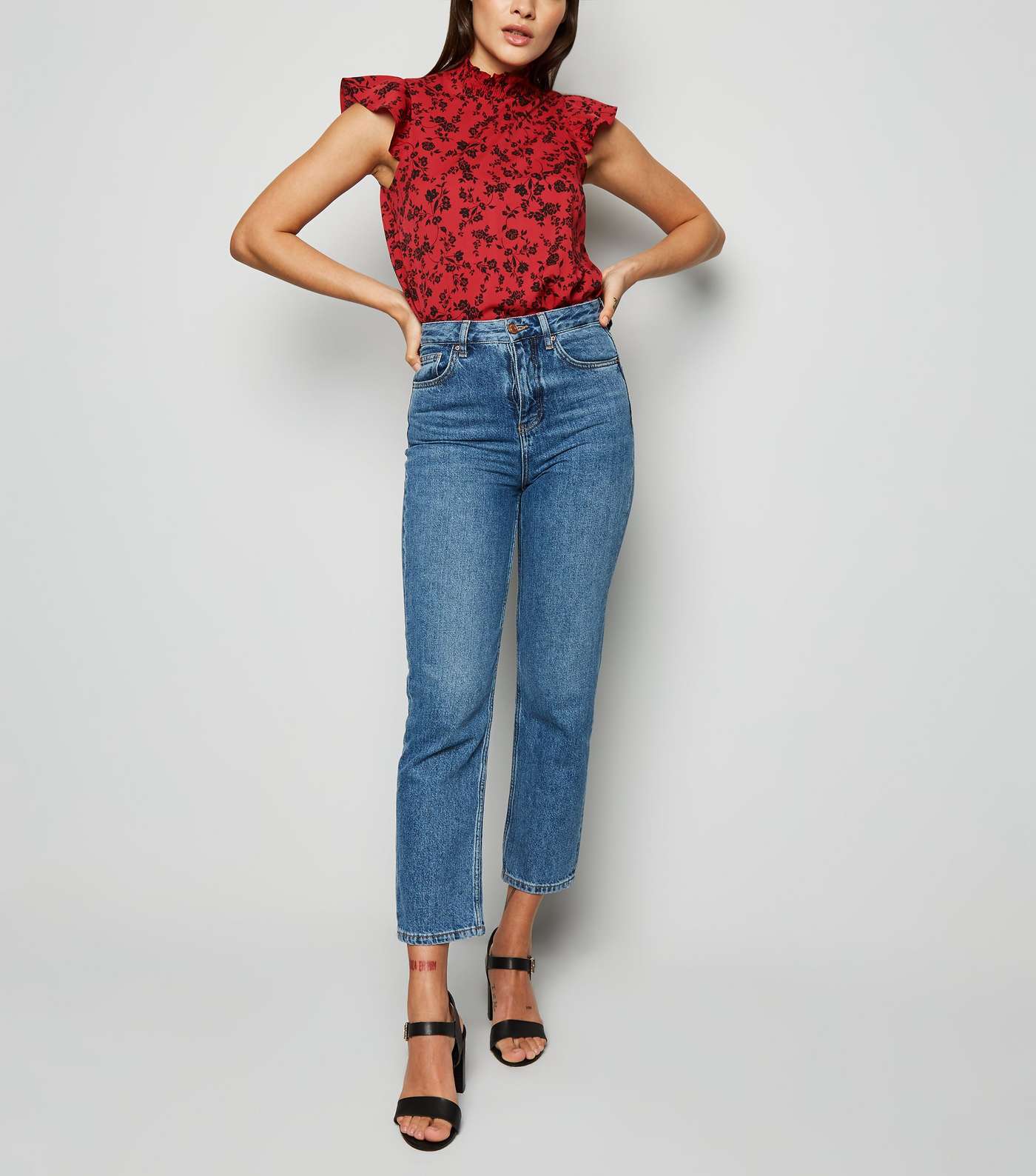 Red Floral Shirred Neck Frill Blouse Image 2