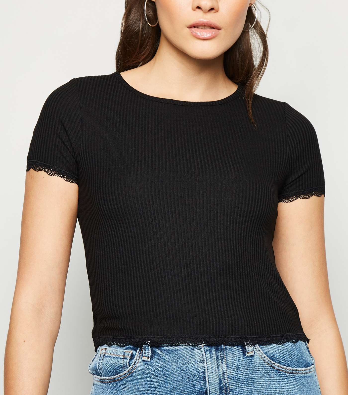 Black Ribbed Lace Trim T-Shirt