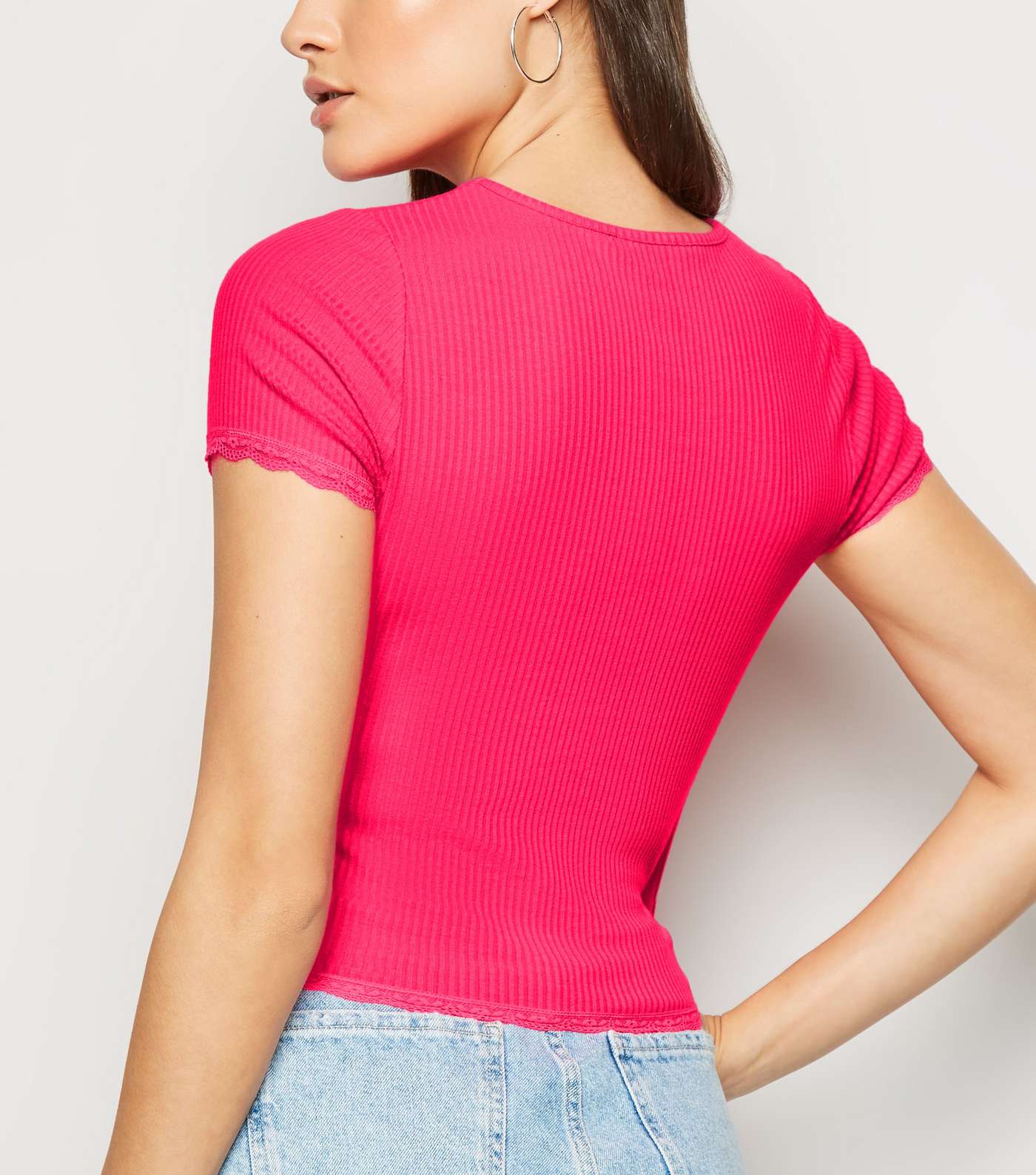 Pink Neon Ribbed Lace Trim T-Shirt Image 3