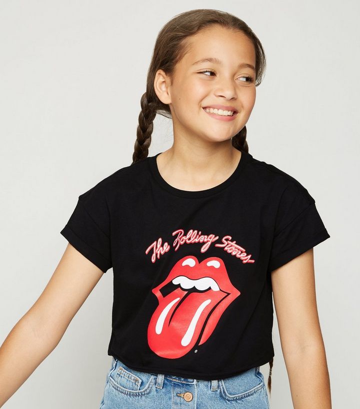 Girls Schwarzes T Shirt Mit Rolling Stones Logo New Look