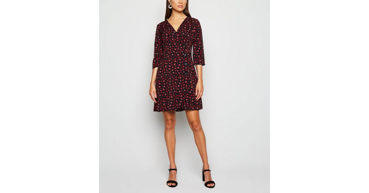 Blue Vanilla Red Heart Button Wrap Dress | New Look