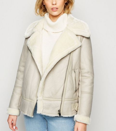Cream Leather-Look Aviator Jacket