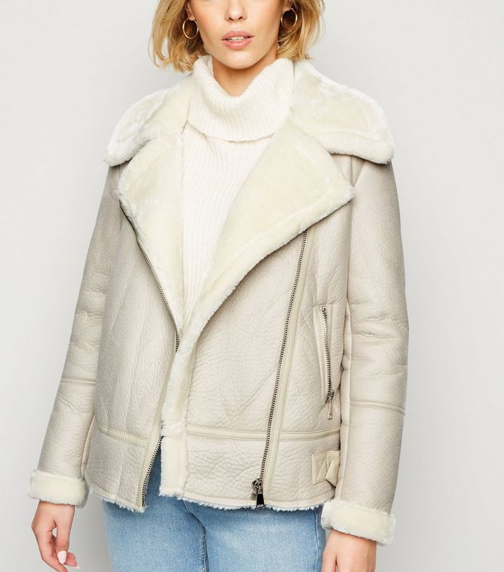 Cream Coated Leather-Look Aviator Jacket | New Look