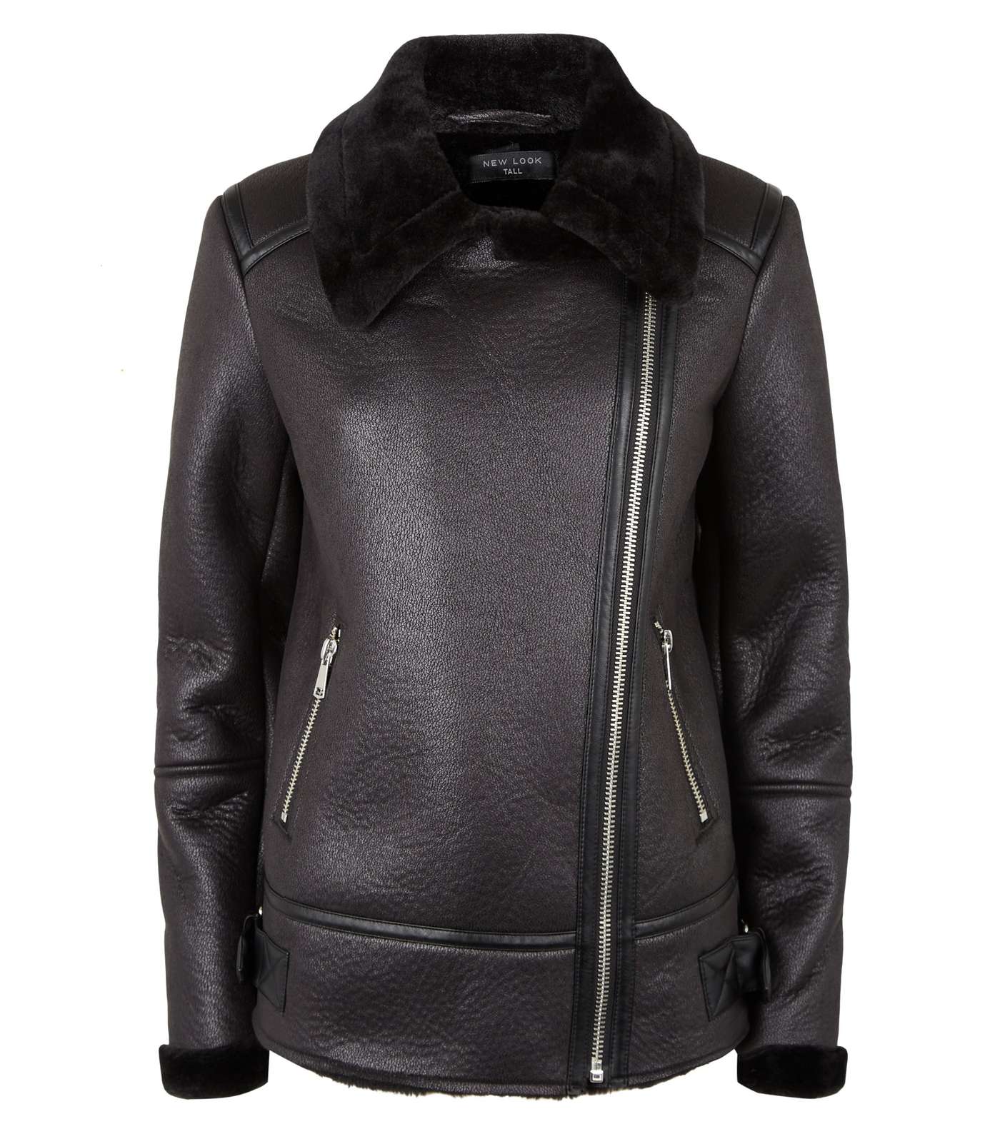 Tall Black Leather-Look Aviator Jacket Image 4