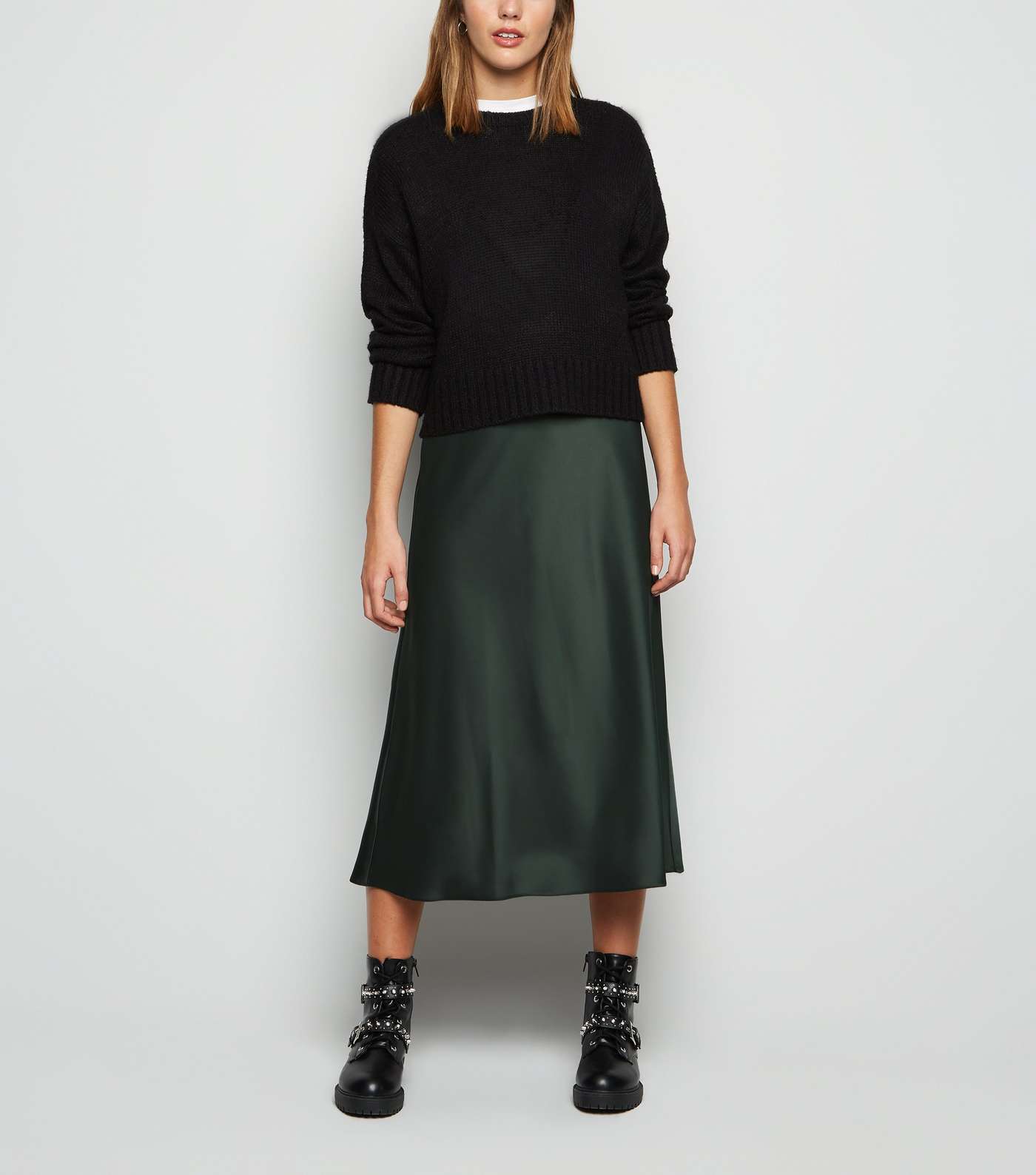 Dark Green Bias Cut Satin Midi Skirt
