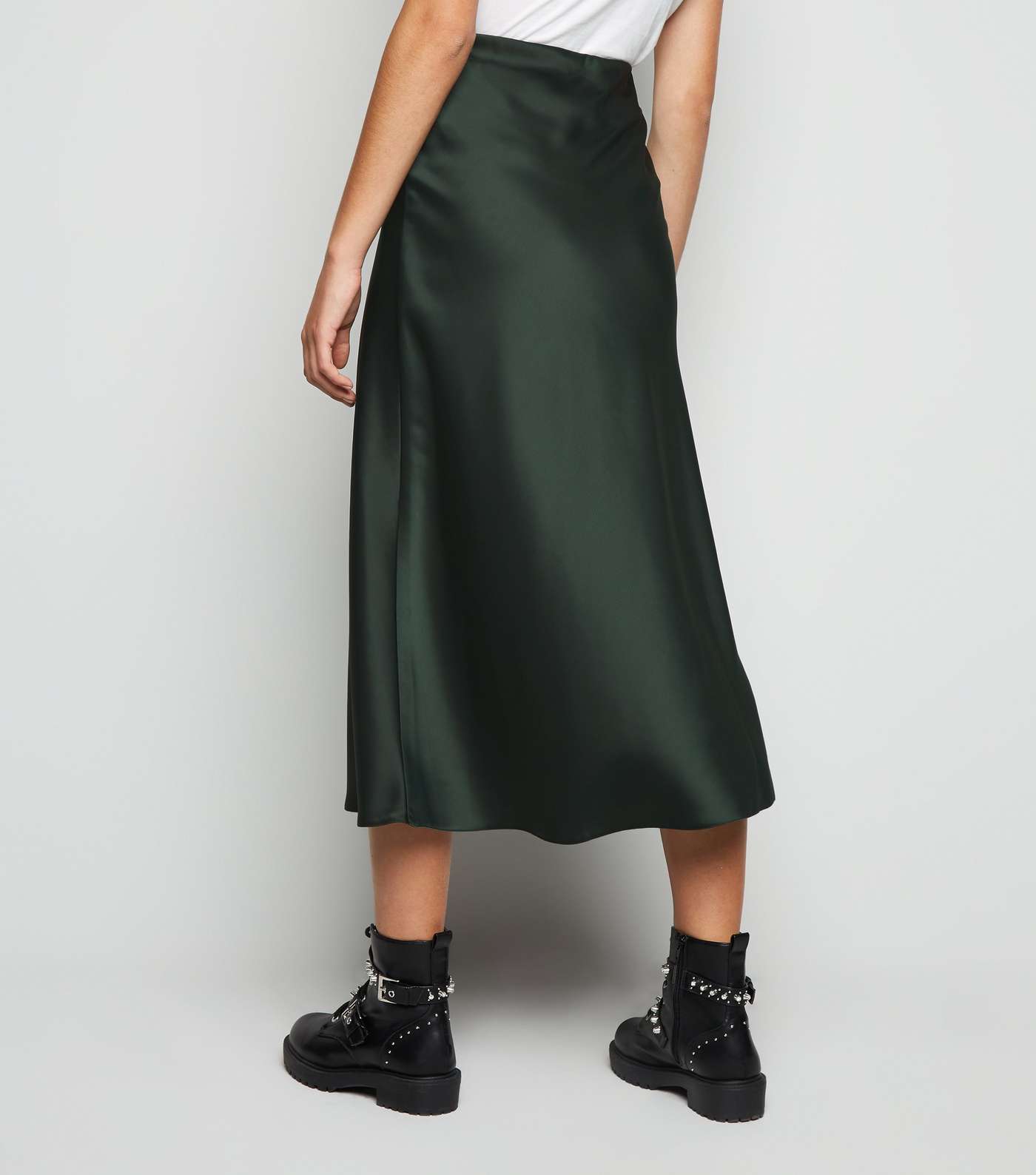 Dark Green Bias Cut Satin Midi Skirt Image 3