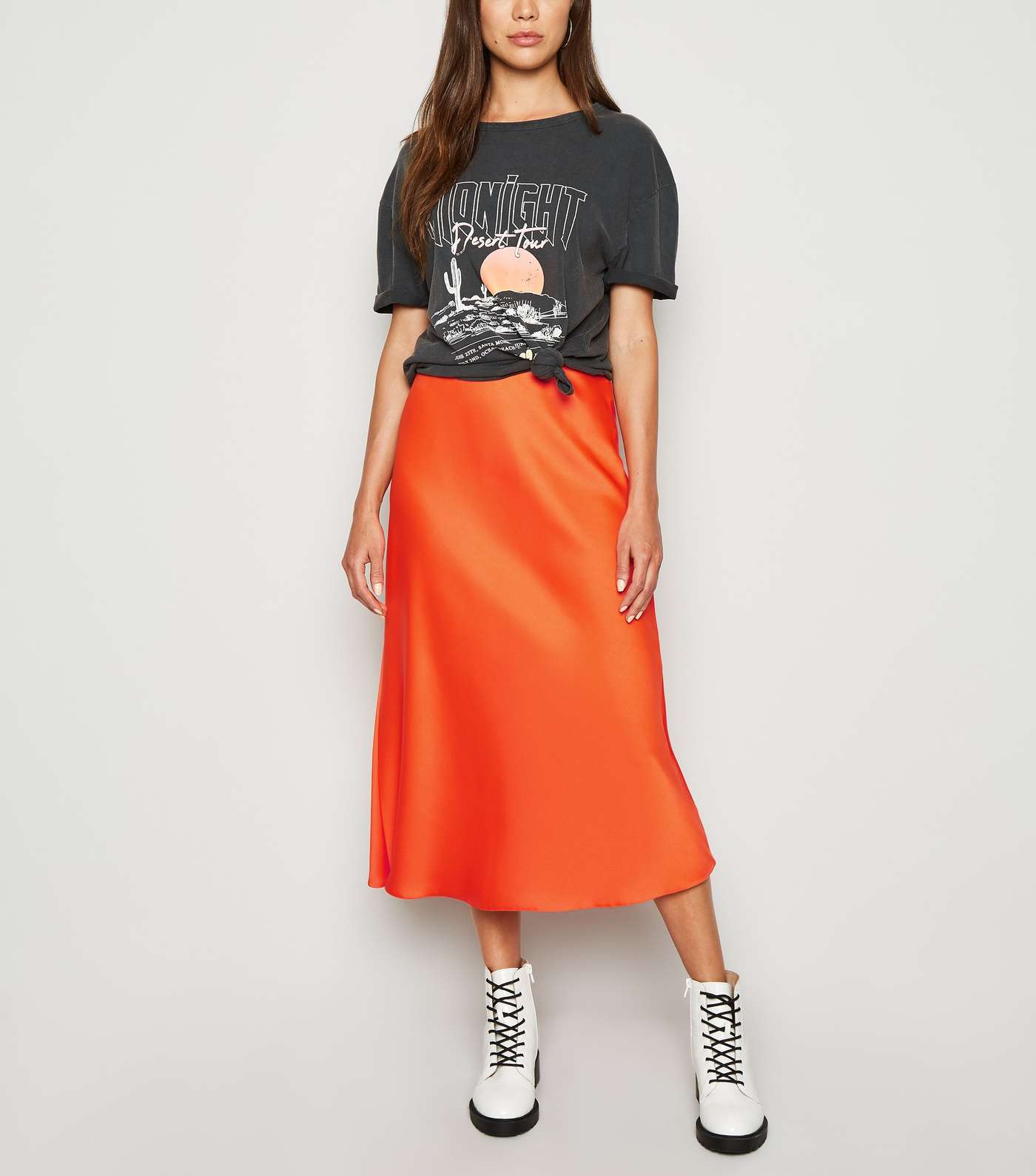 Bright Orange Bias Cut Satin Midi Skirt