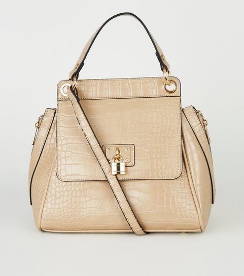 Camel Faux Croc Padlock Satchel