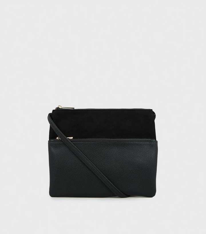 Black Leather-Look Double Pocket Shoulder Bag
