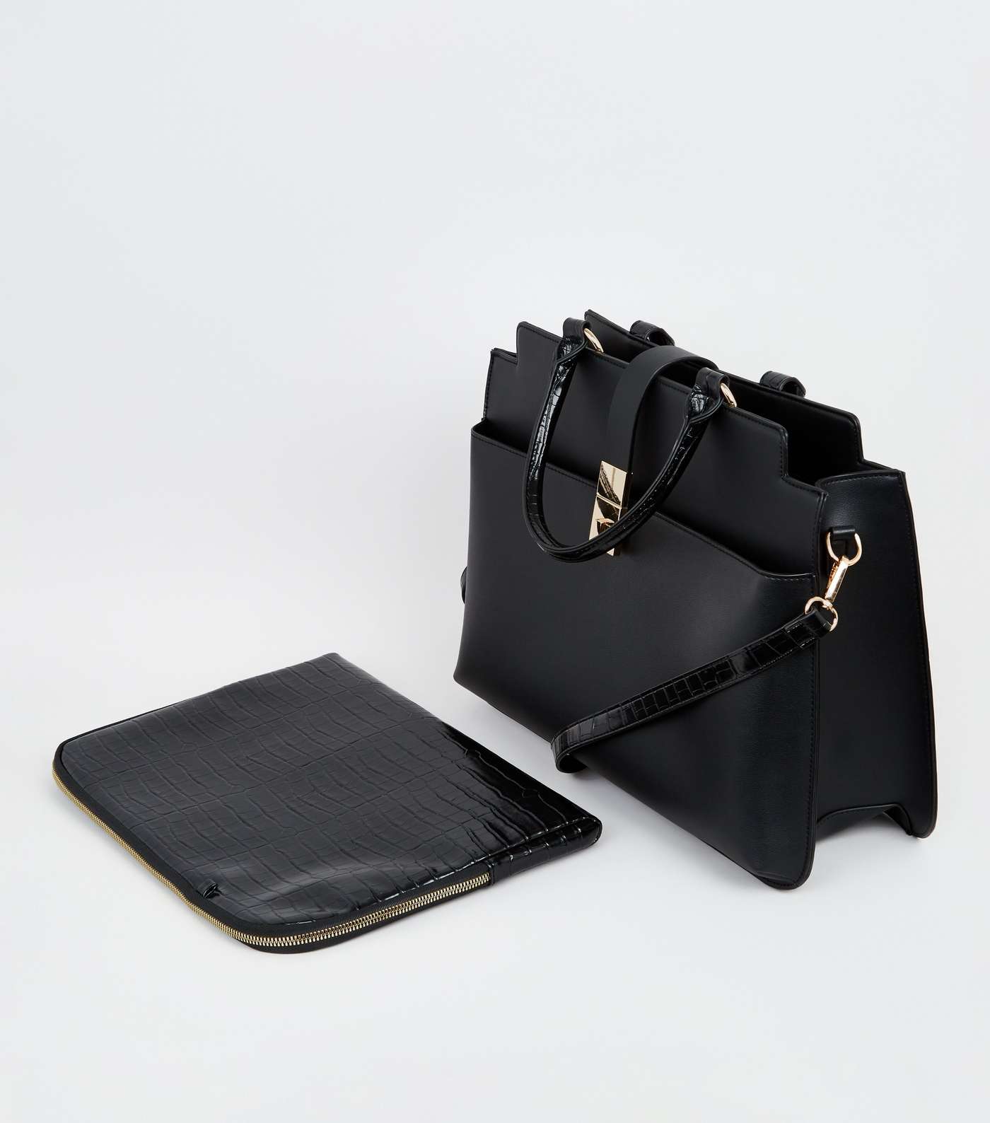 Black Leather-Look Faux Croc Strap Laptop Bag Image 4