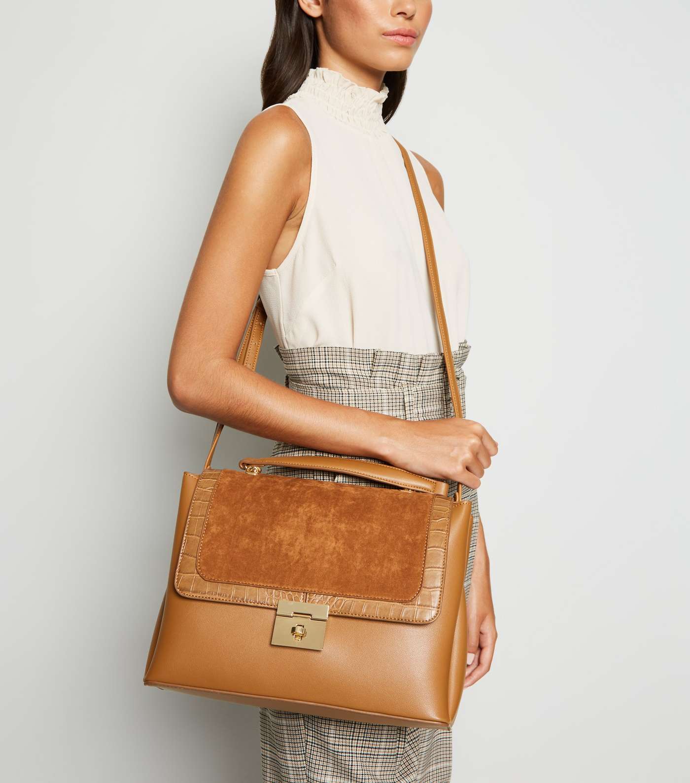 Tan Leather-Look Mixed Panel Satchel Image 2