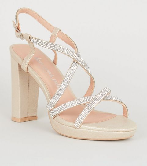 Sandales Talons Hauts Pailletées Dorées New Look - Taille UK 3 - Occasion Portée Une Fois