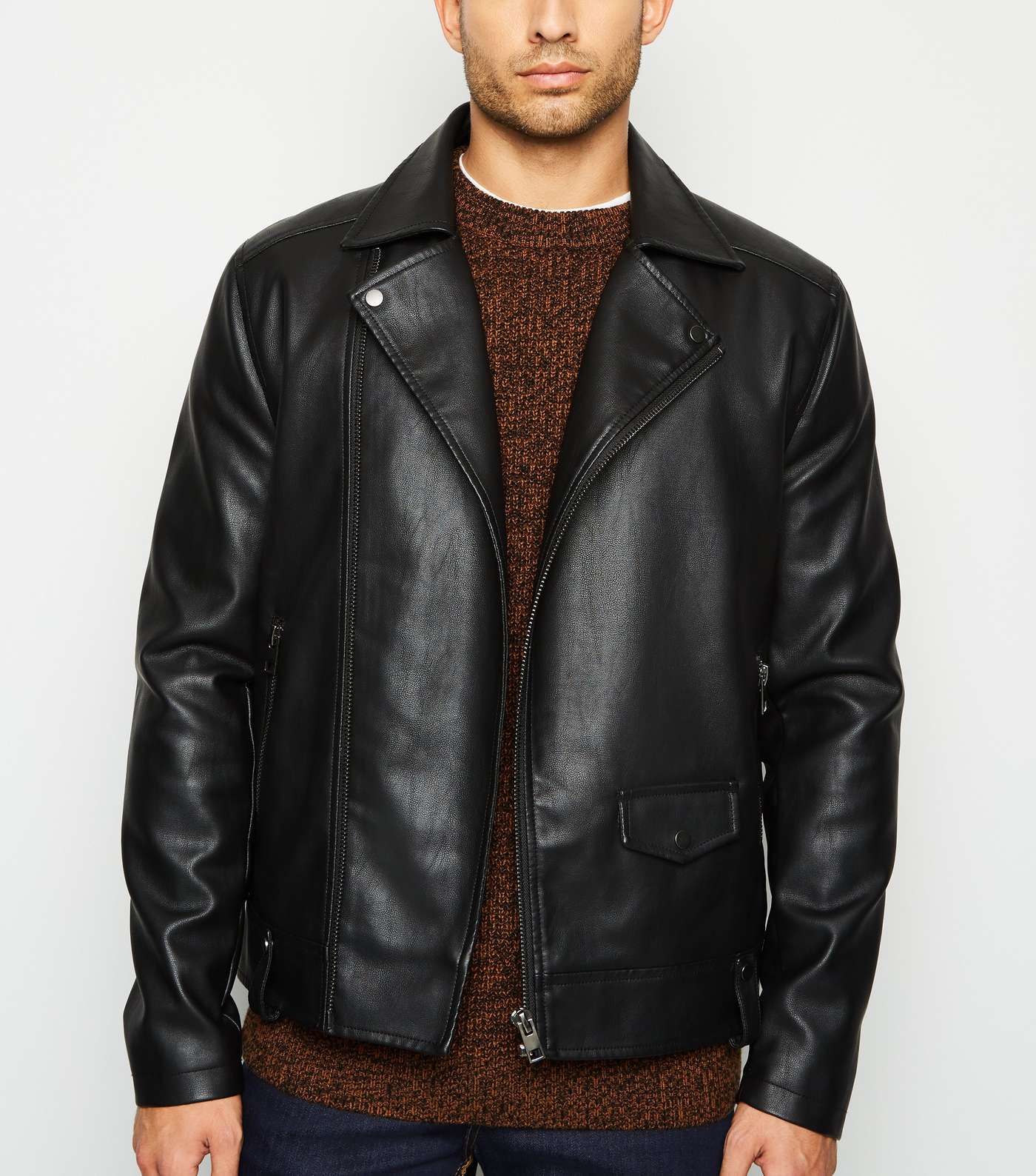 Black Leather-Look Asymmetric Biker Jacket