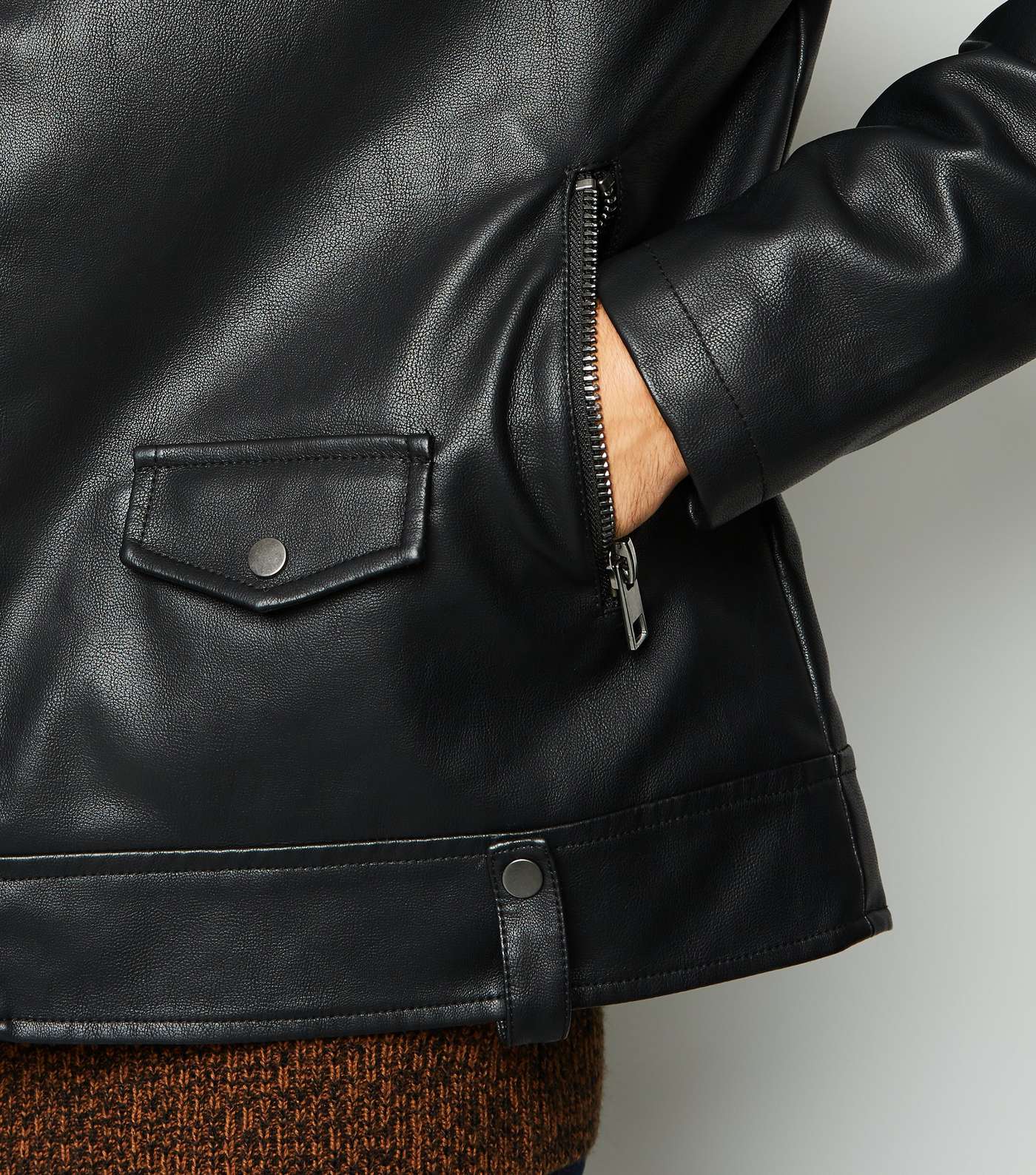 Black Leather-Look Asymmetric Biker Jacket Image 5