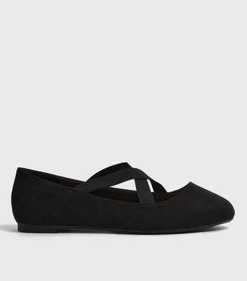Wide Fit – Schwarze Ballerinas mit überkreuzten Riemen aus Wildlederimitat