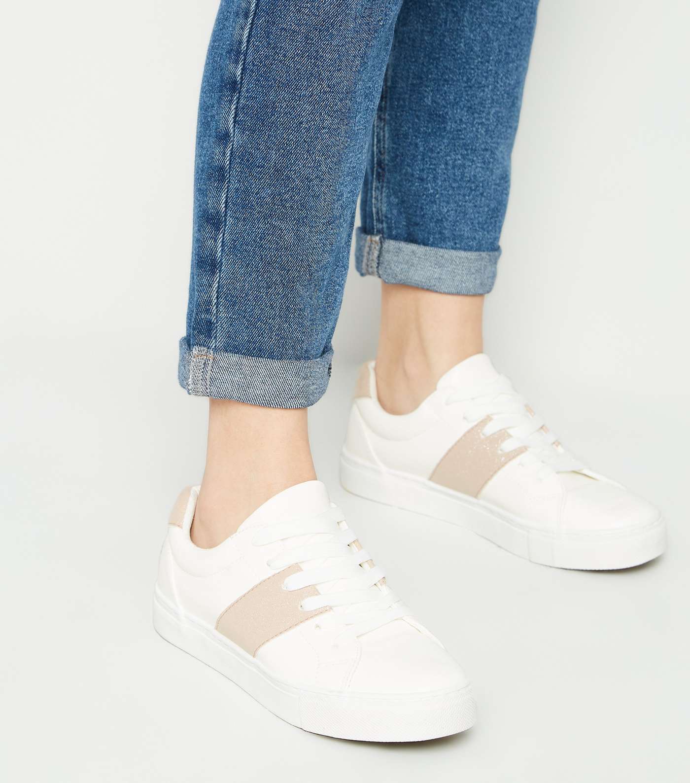 Girls White Leather-Look Glitter Stripe Trainers Image 2