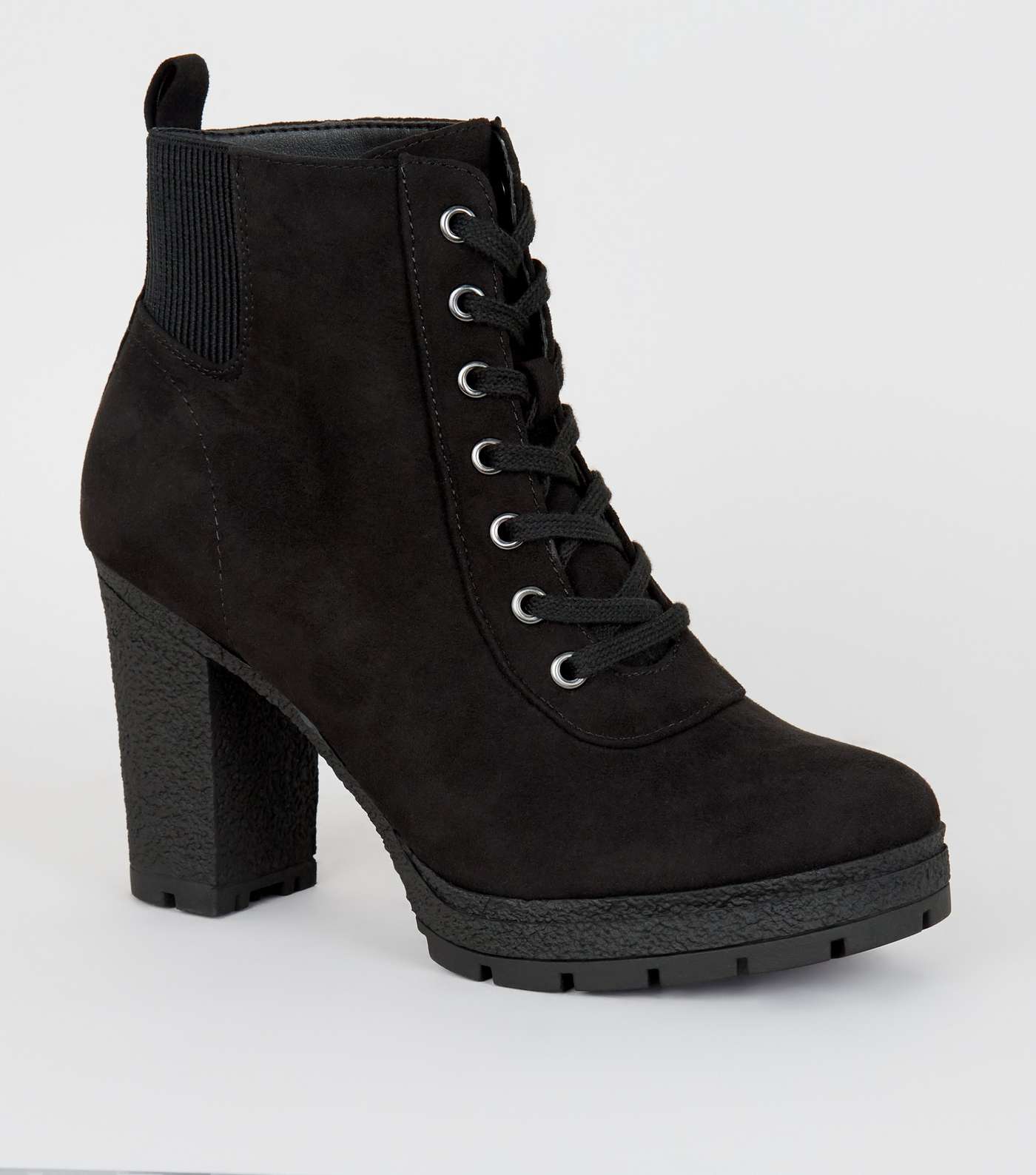 Wide Fit Black Lace Up Heeled Hiker Boots