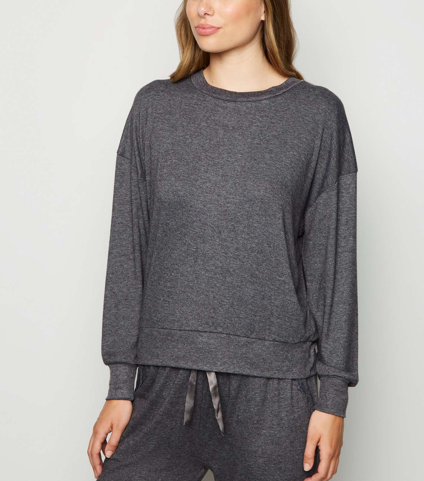 Dark Grey Brushed Jersey Lace Trim Sweatshirt