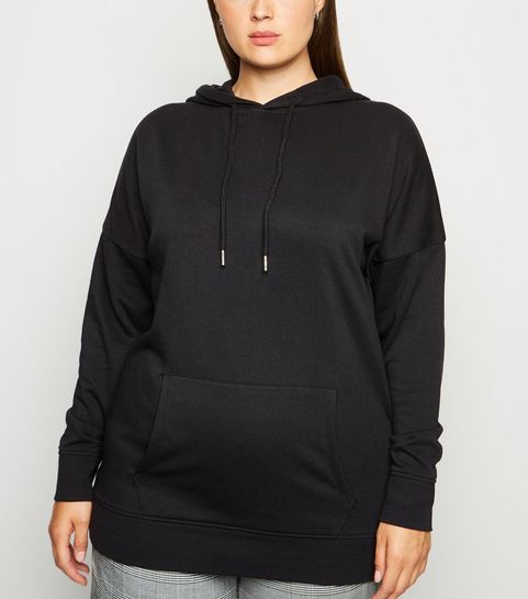 Curves – Schwarzer, lang geschnittener Kapuzenpullover 