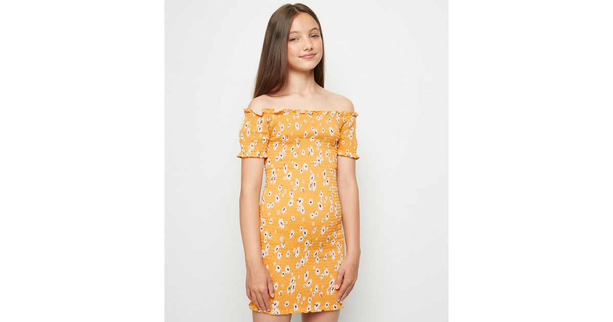 Girls Yellow Floral Shirred Bodycon Dress New Look