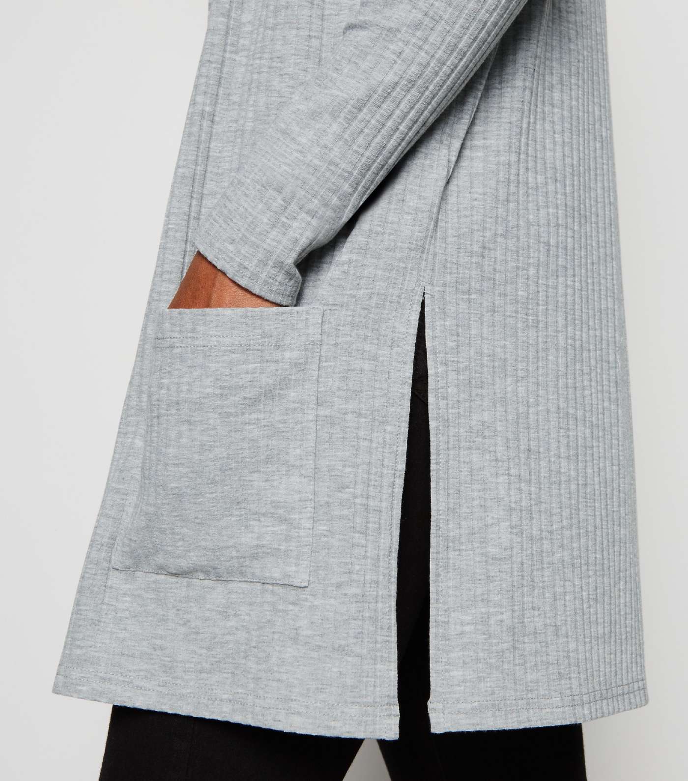 Grey Marl Ribbed Side Split Cardigan Image 2