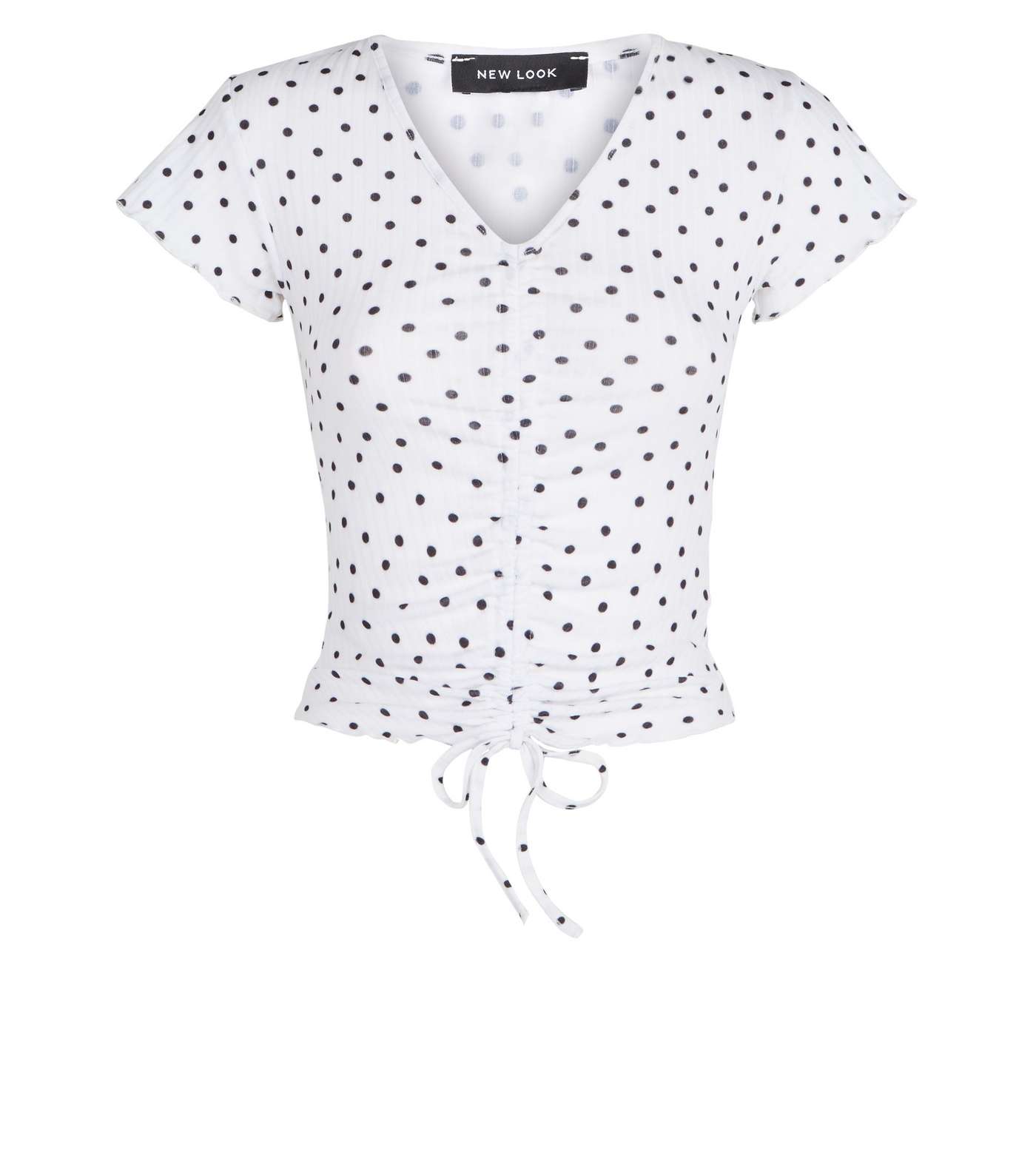 White Ribbed Spot Print Ruched Top Image 4