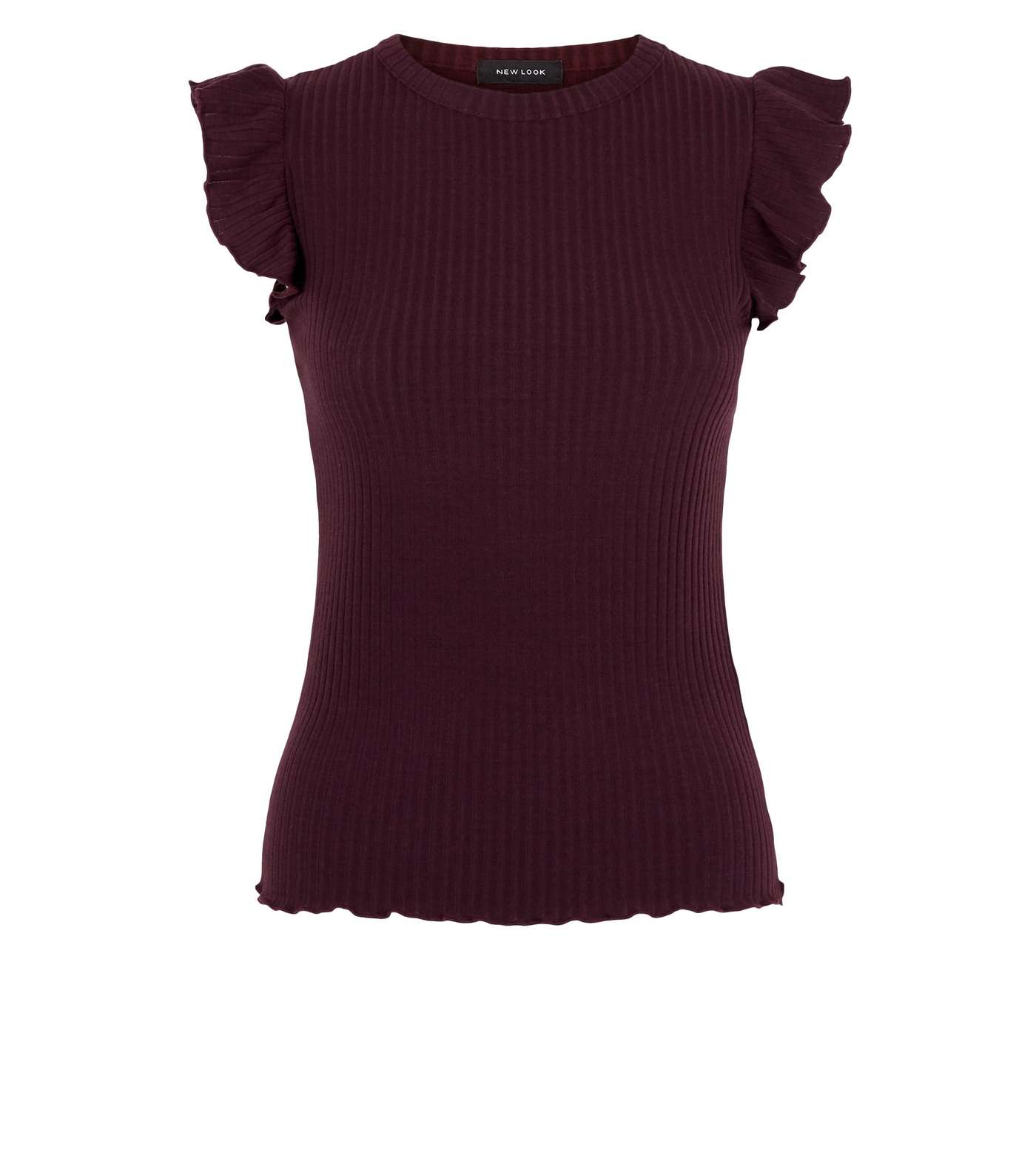 Burgundy Frill Sleeve Ribbed T-Shirt Image 4