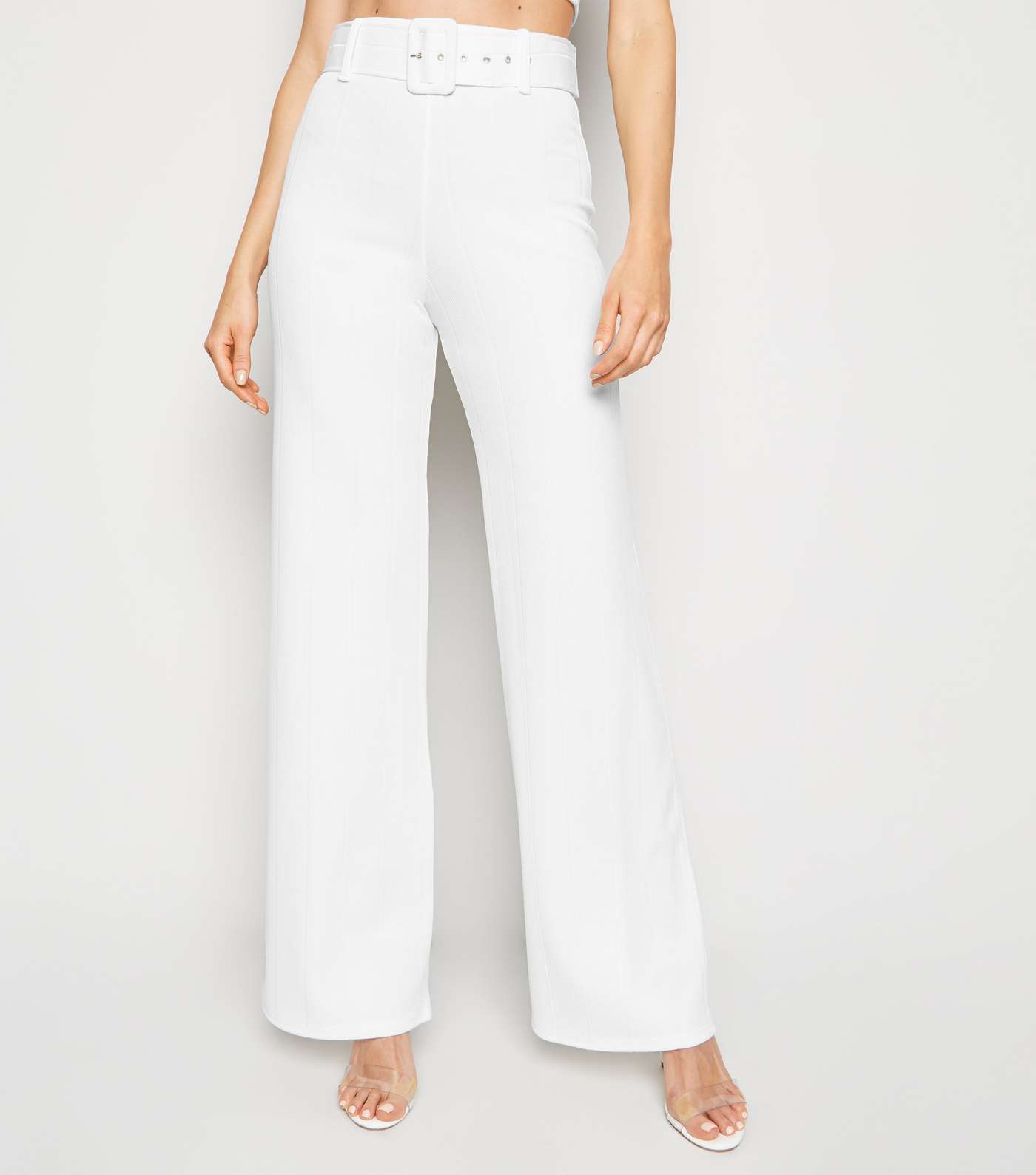 White Ribbed Belted Wide Leg Trousers Image 2