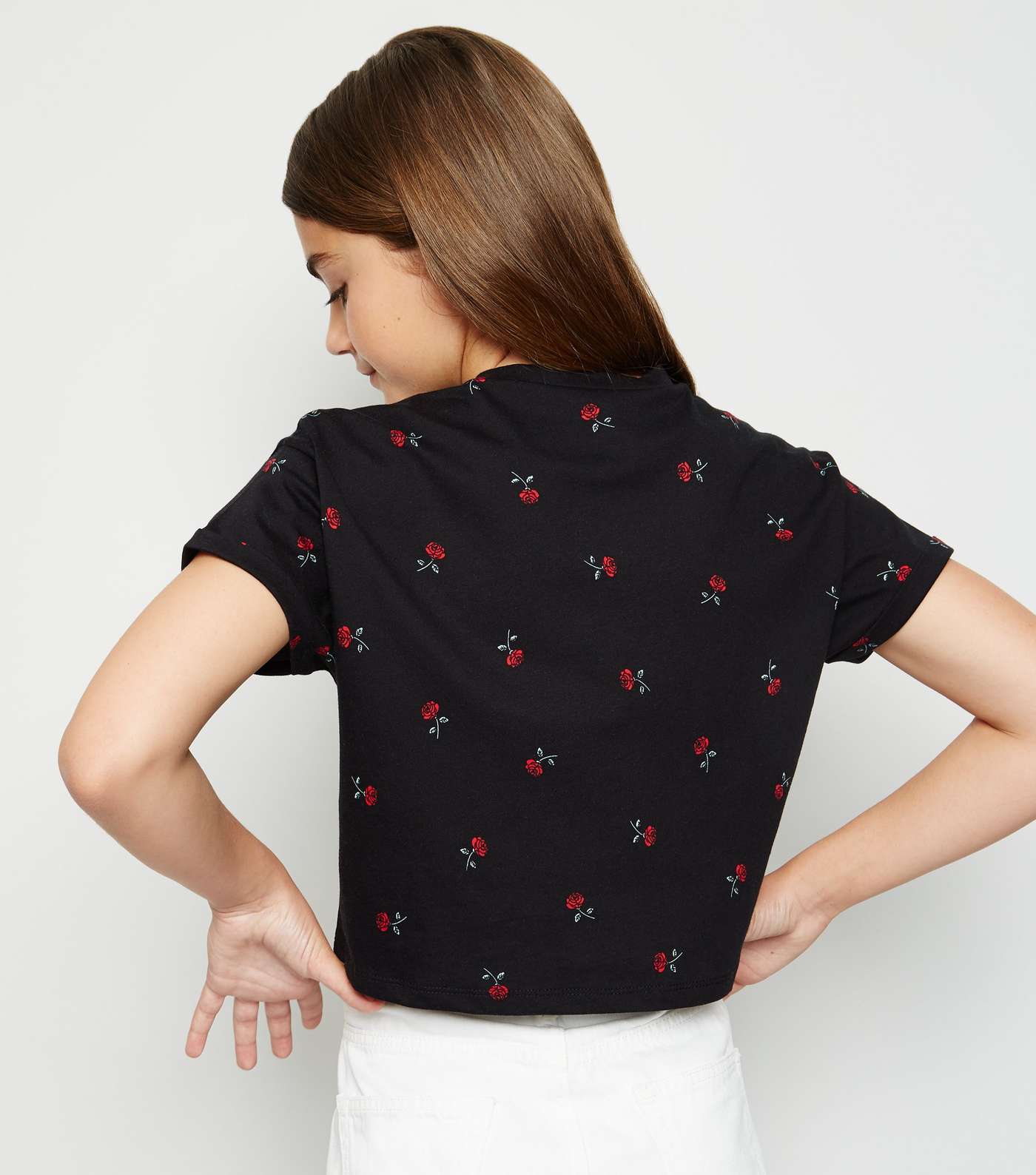 Girls Black Rose Print T-Shirt Image 5