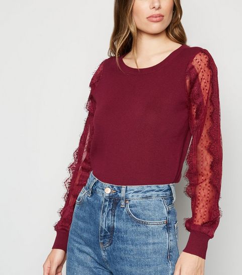 Burgundy Lace Sheer Sleeve Jumper
