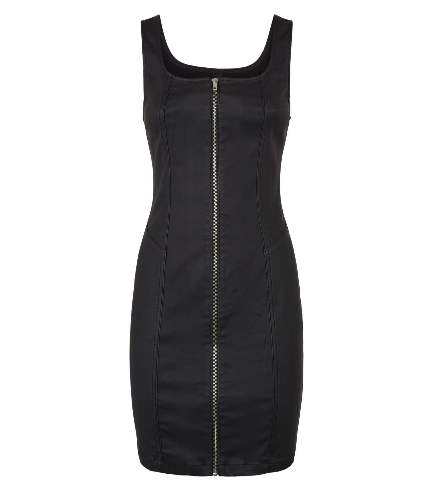 Black Leather-Look Denim Zip Front Bodycon Dress Image 4