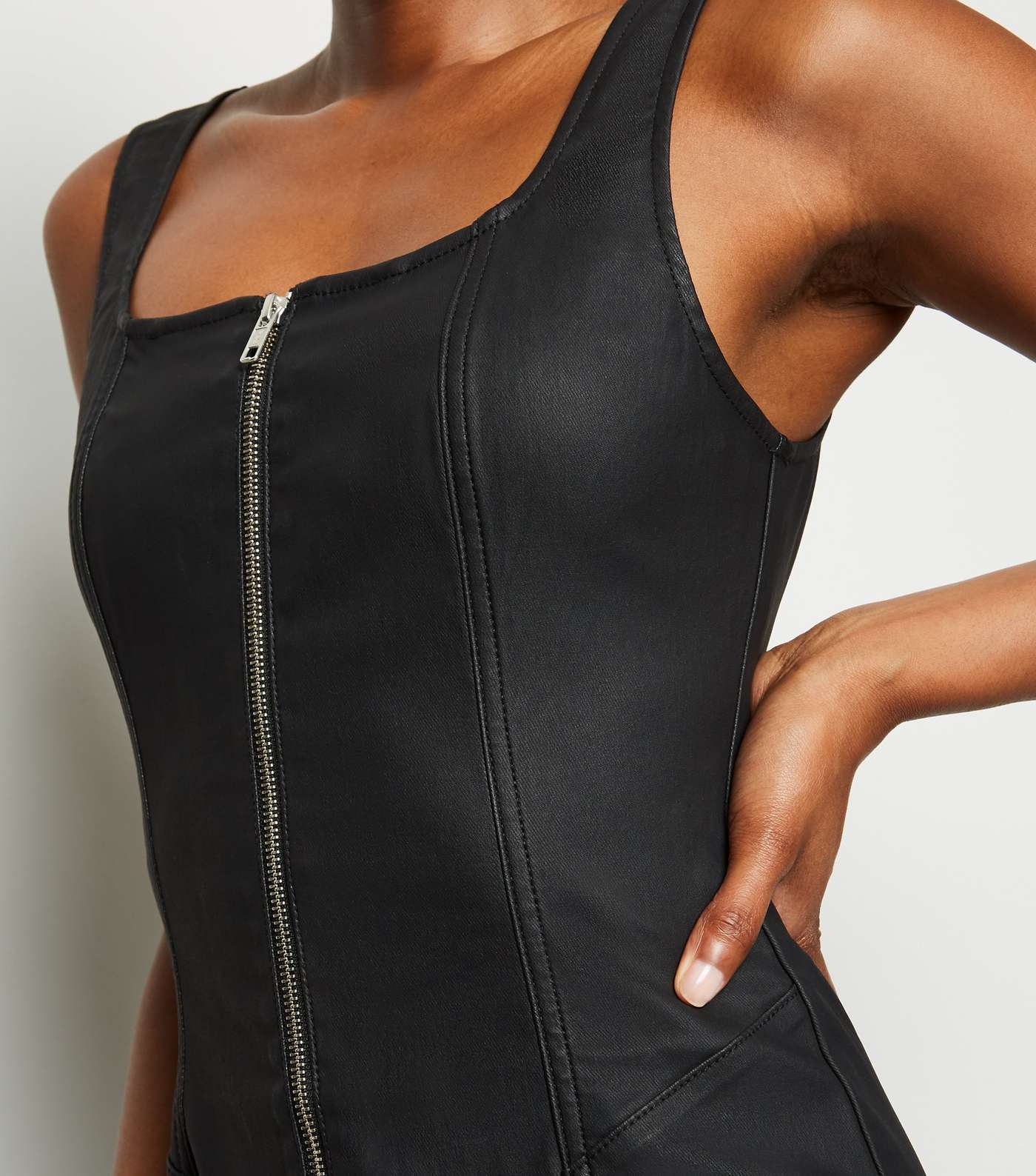 Black Leather-Look Denim Zip Front Bodycon Dress Image 2