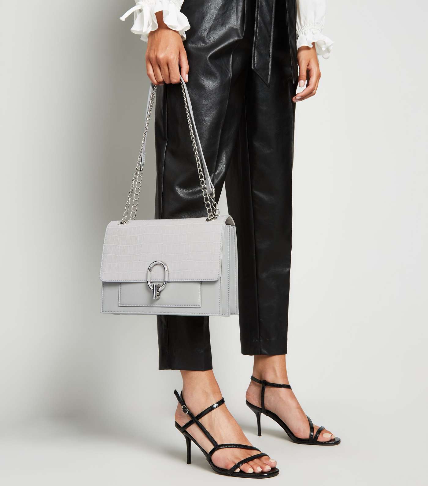 Grey Leather-Look Faux Croc Shoulder Bag Image 5