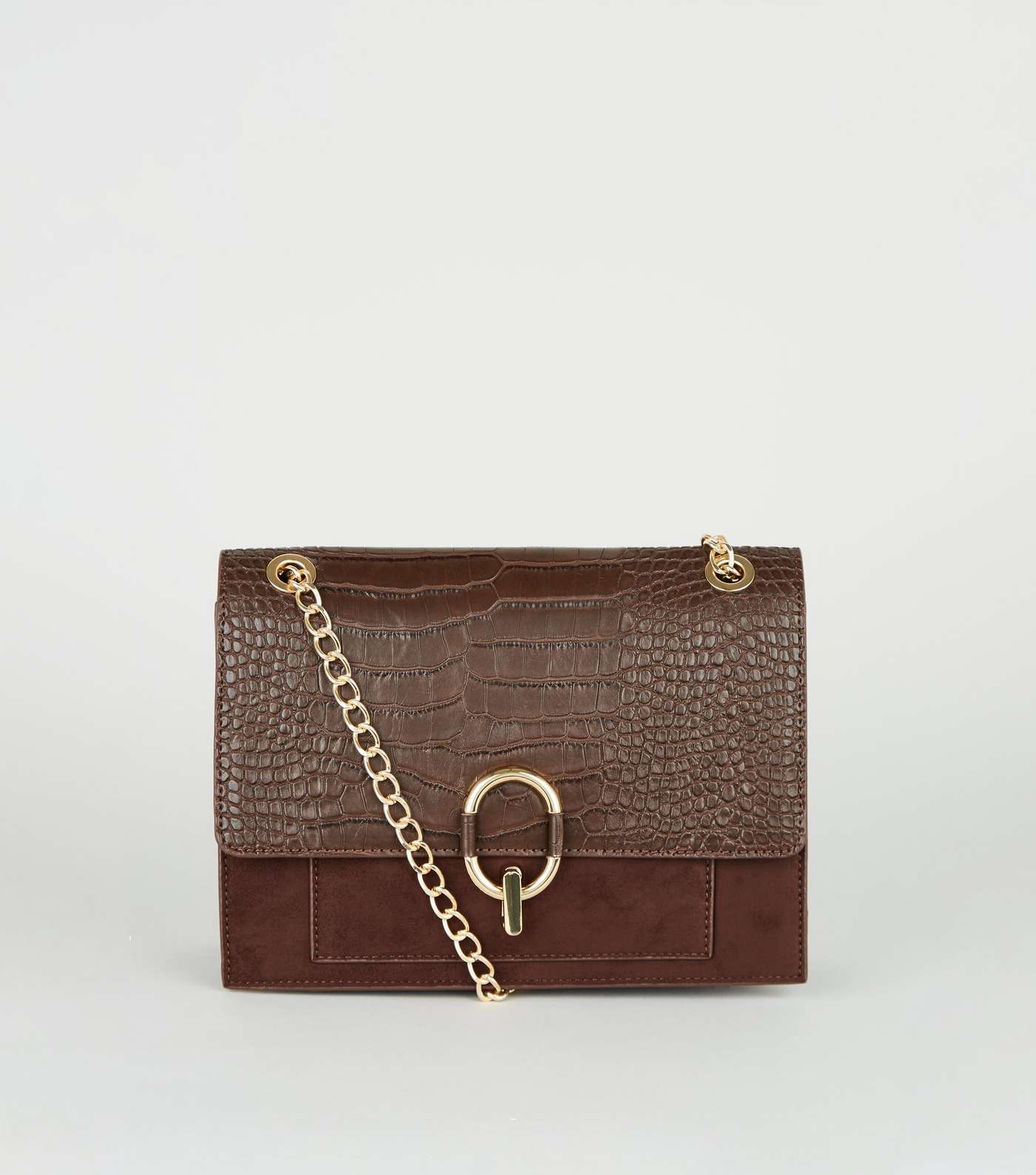 Brown Leather-Look Faux Croc Shoulder Bag